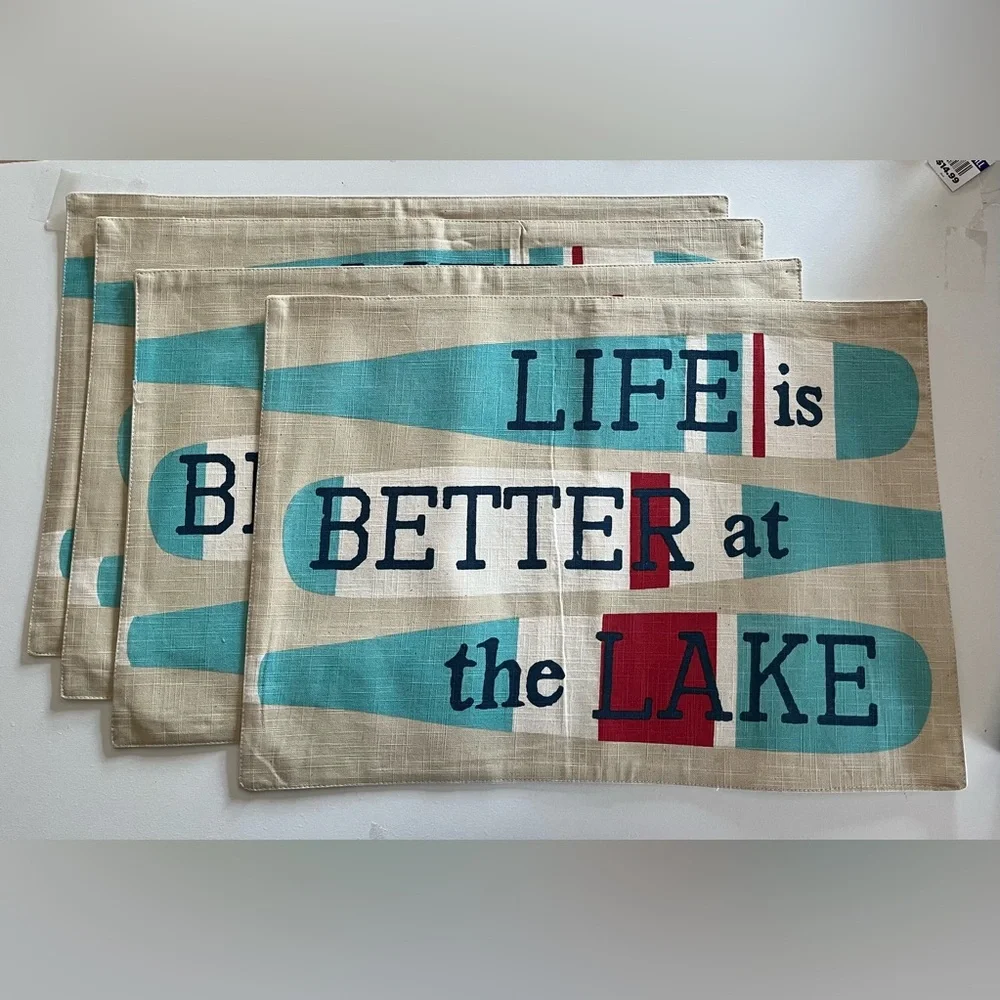 “Life is better at the Lake” placemats Neutral with red/white/blue paddles 4